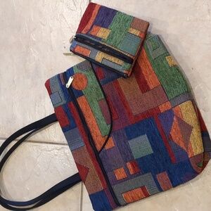 Danny K. Colorful Geometric Tapestry Bag  Handbag With Makeup Pouch New